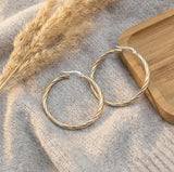 Sterling Silver & Three-Tone Gold Hoop Earrings— Polished Hoops, 14k Gold Overlay, Twisted, Twist, Warped