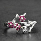 Sterling Silver Love Tree of Life Created Red Ruby Adjustable Ring Band