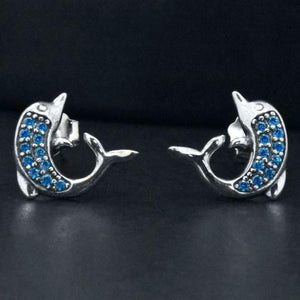 Sterling Silver Animal Blue Sapphire Sea Dolphin Small Stud Earrings