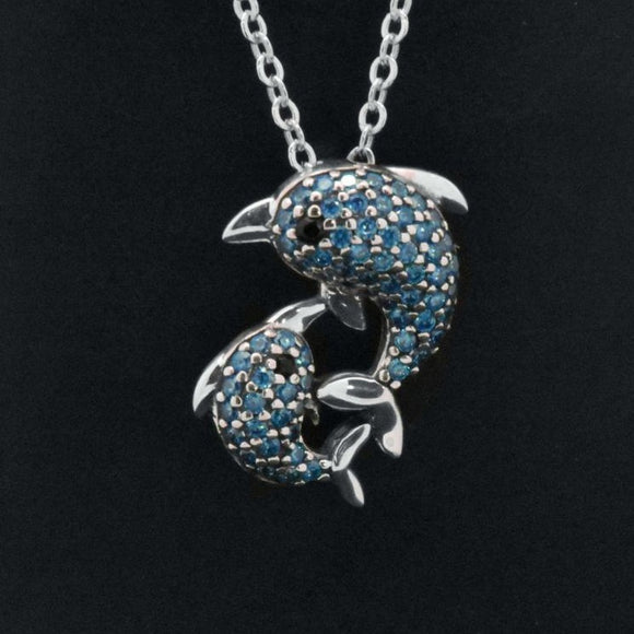 Sterling Silver Blue Dolphin Fish Pendant Adjustable Necklace