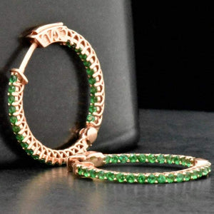 Sterling Silver Pink/Rose Gold Vermeil Created Green Emerald Hoop Earrings