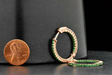 Sterling Silver Pink/Rose Gold Vermeil Created Green Emerald Hoop Earrings