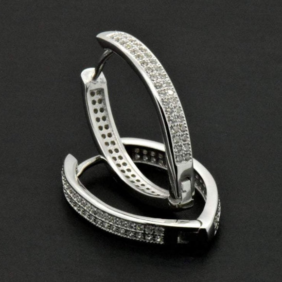 Sterling Silver V Shaped Simulated Diamond Hinged Hoop Earrings