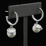 Sterling Silver Natural White Pearl With Solitaire Ring Hoop Dangle Earrings