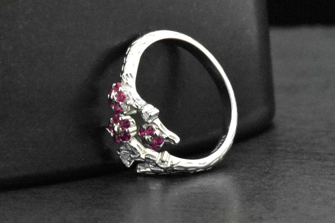 925 Sterling Silver Nature Love Tree of Life Branch Red Ruby