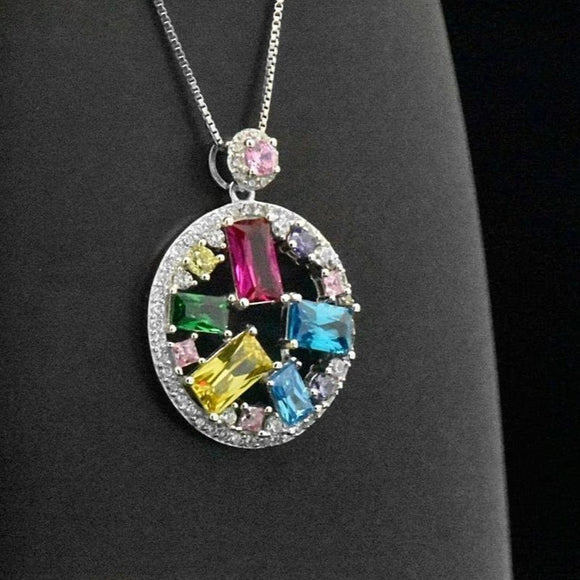 Sterling Silver Art Deco Style Multi Gemstone Cluster Pendant Necklace