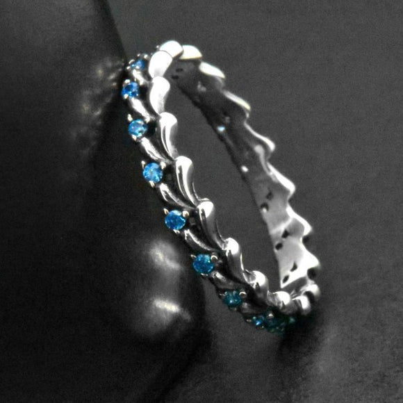 925 Sterling Silver Blue Topaz Wave Eternity Crown Stackable Ring Band