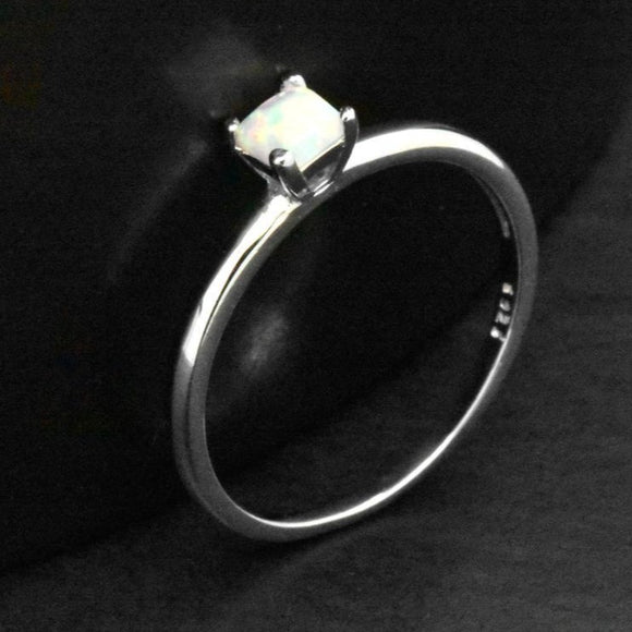 Sterling Silver Square Cabochon White Opal Solitaire Ring