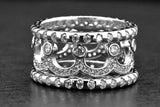 Sterling Silver Stackable Eternity Art Deco Wide Ring Crown Band Set