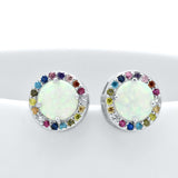 Sterling Silver Rainbow Created Sapphire Round Halo Opal Stud Earrings