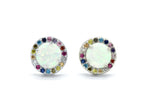 Sterling Silver Rainbow Created Sapphire Round Halo Opal Stud Earrings