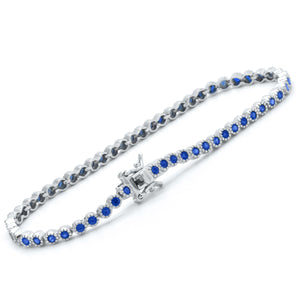 925 Sterling Silver Blue Sapphire Dainty Tennis Milgrain Bracelet