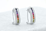 Sterling Silver Rainbow Created Sapphire 3 Row Omega Earrings