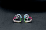 Sterling Silver Rainbow Created Pave Sapphire Heart Stud Earrings