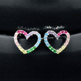 Sterling Silver Rainbow Created Pave Sapphire Heart Stud Earrings