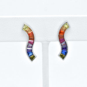 Sterling Silver Rainbow Created Sapphire Wave Minimalist Earrings