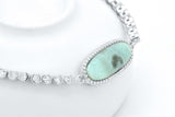 925 Sterling Silver Natural Blue Green larimar Oval Adjustable Tennis String Bracelet