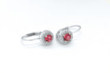 Sterling Silver Pinkish Red Ruby Halo Dangle LeverBack French Hoop Wire Earrings