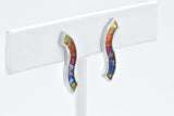 Sterling Silver Rainbow Created Sapphire Wave Minimalist Earrings