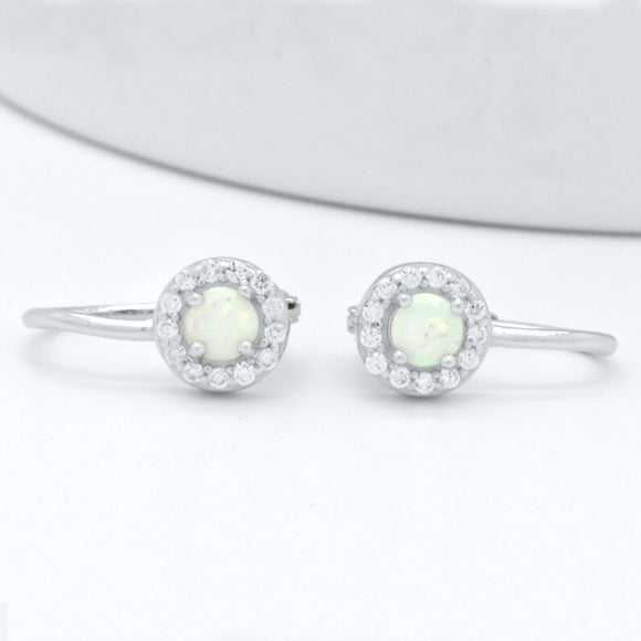 Sterling Silver White Opal Halo Dangle LeverBack French Hoop Wire Earrings