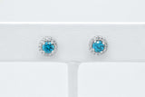 Sterling Silver Created Paraiba Blue Tourmaline Halo Studded Earrings