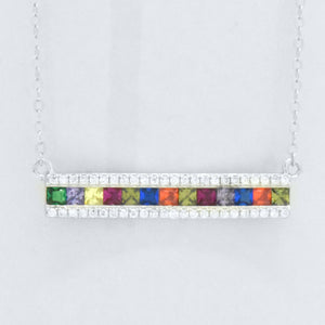 Sterling Silver Rainbow Sapphire 3 Row Straight Bar Pendant Adjustable Necklace