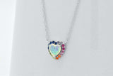 Sterling Silver White Heart Opal Rainbow Sapphire Adjustable Halo Necklace