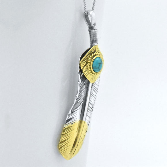 Sterling Silver Oxidized Blue Turquoise Tribal Indian Feather Pendant Necklace