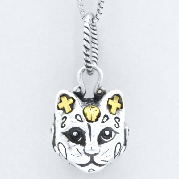 Sterling Silver & 14K Gold Overlay Kitty Cat Sugar Skull Pendant Necklace