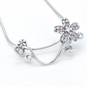 Sterling Silver Floral Branch Pink Flower Slider Pendant 18-in Necklace