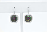 Sterling Silver Cushion Cut Rainbow Topaz Halo Vintage Style Dangle LeverBack Earrings