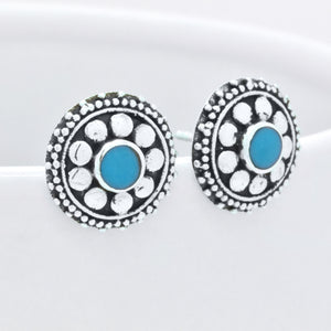 Sterling Silver Dream Floral Blue Turquoise Oxidized Stud Earrings