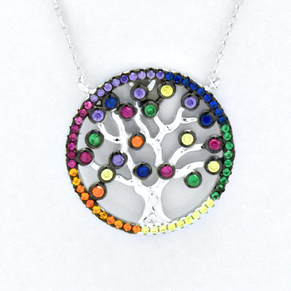 Sterling Silver MultiColor Rainbow Created Sapphire Tree of Life Adjustable pendant Necklace