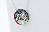 Sterling Silver MultiColor Rainbow Created Sapphire Tree of Life Adjustable pendant Necklace