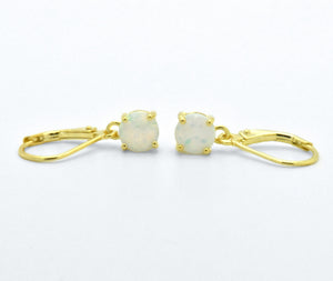 Sterling Silver & 14kt Yellow Gold White Opal Dangle LeverBack French Hoop Wire Earrings