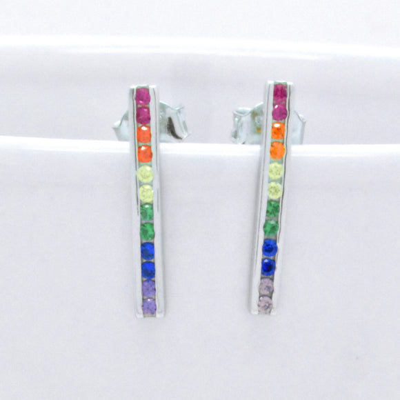 Sterling Silver Rainbow Created Sapphire Bar Minimalistic Stud Earrings