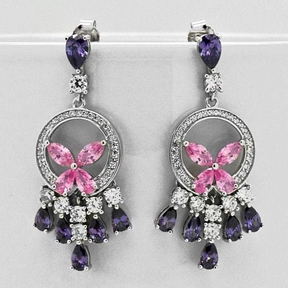 Sterling Silver Created Pink & Purple Chandelier Dangle Halo Earrings