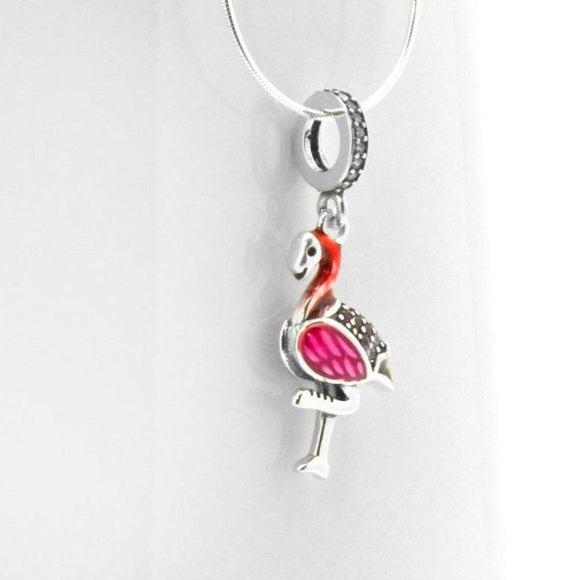Sterling Silver Pink Enamel Flamingo Bird Pendant 18-in Necklace