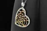 Sterling Silver Two Tone Heart Rose Flower Pendant Necklace