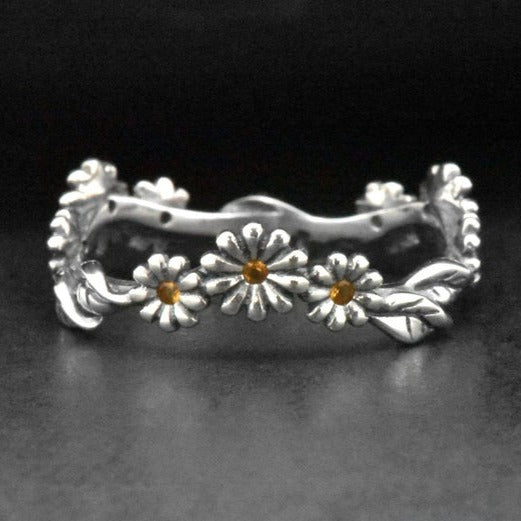 Sterling Silver Oxidized Orange Sapphire Daisy Flower Ring Band
