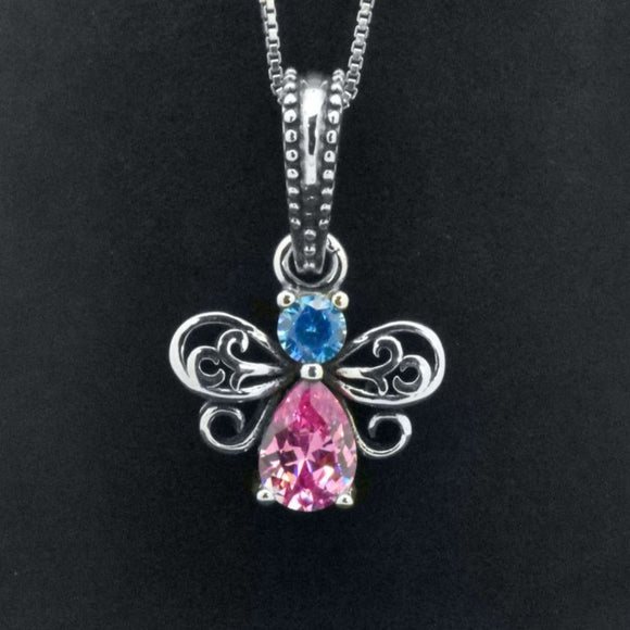 Sterling Silver Blue Topaz & Created Pink Sapphire Angel Pendant Necklace